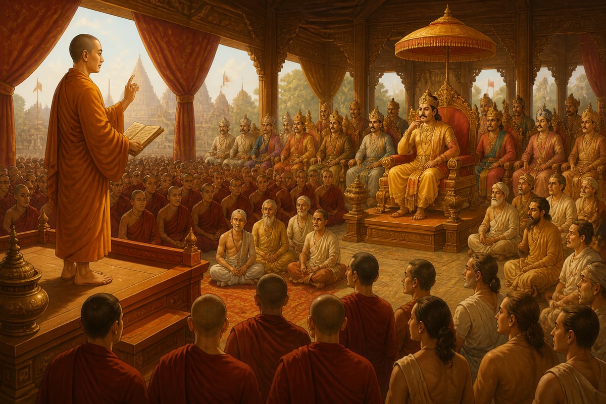 Xuanzang presenting Mahayana philosophy at the Kanauj assembly of 643 CE