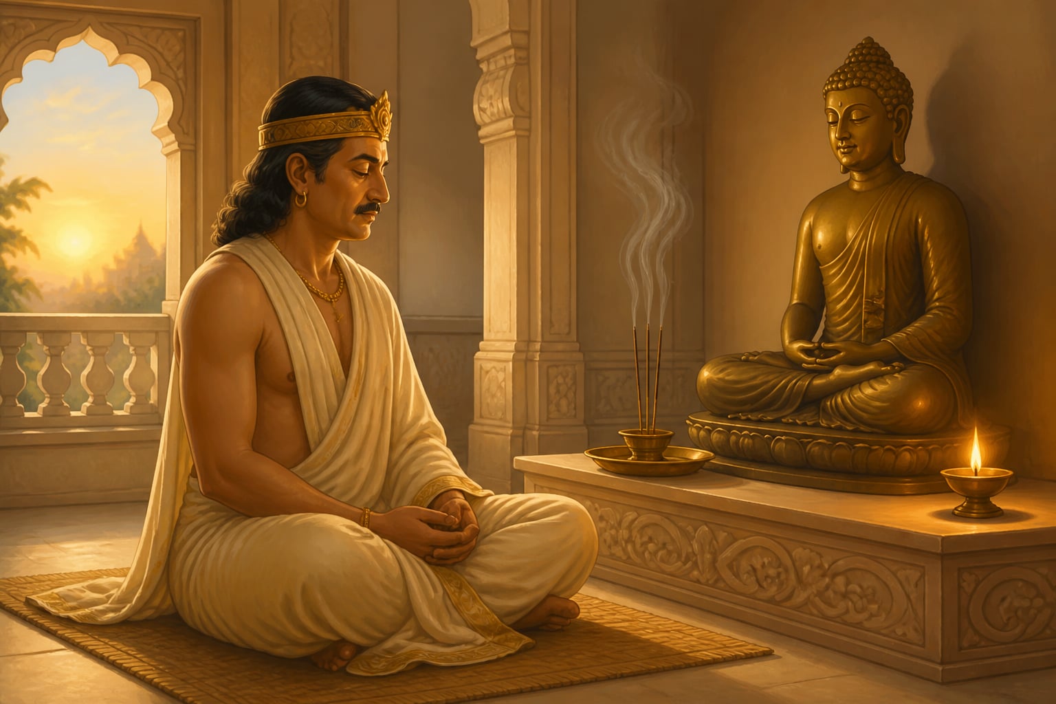 Emperor Harsha in private dawn meditation at his palace shrine
