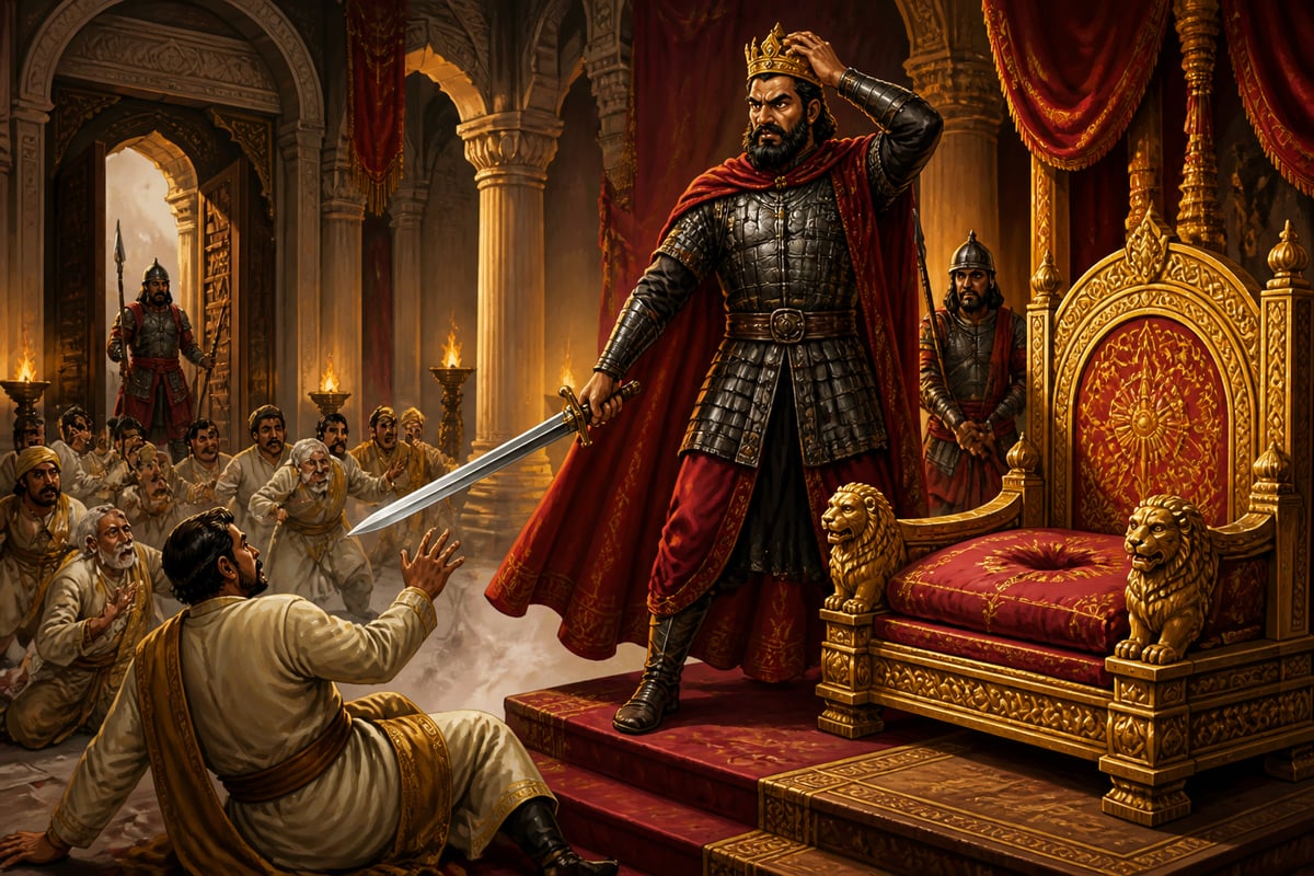 The usurper minister Arjuna seizing the Kanauj throne