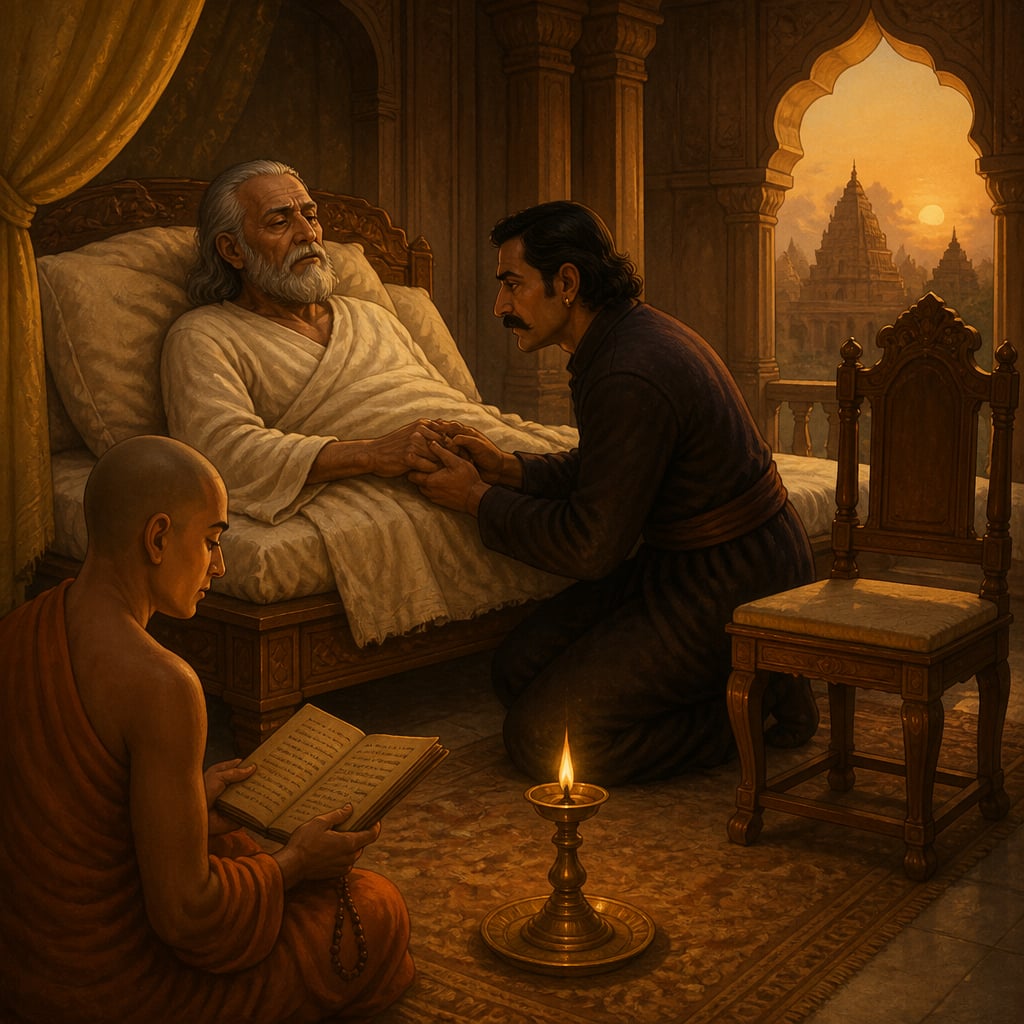 Dying Harsha on his deathbed surrounded by ministers, no heir present