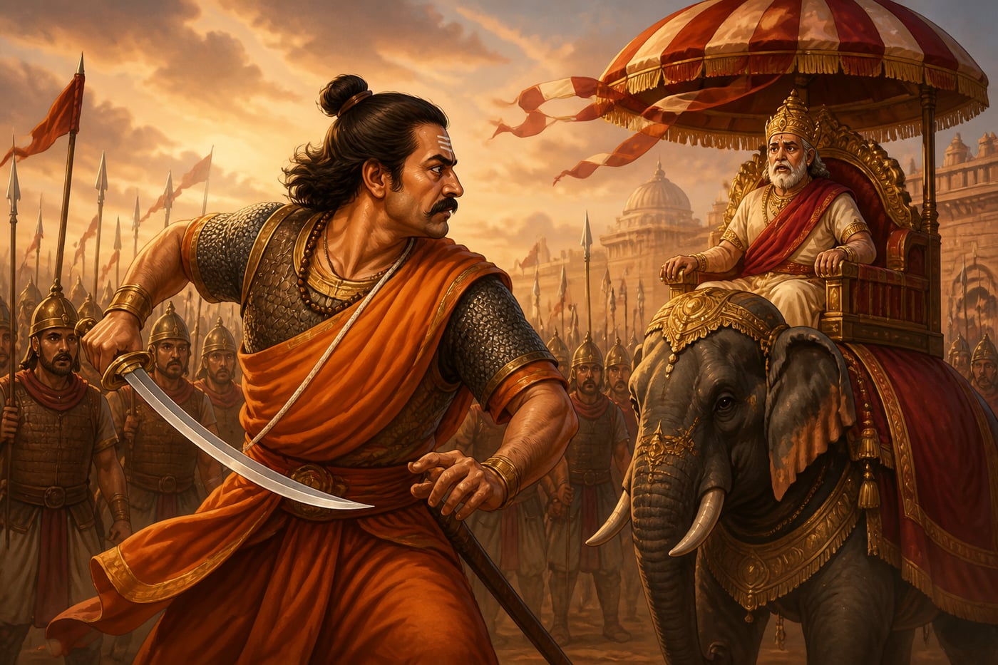 Pushyamitra striking down Brihadratha on the parade ground