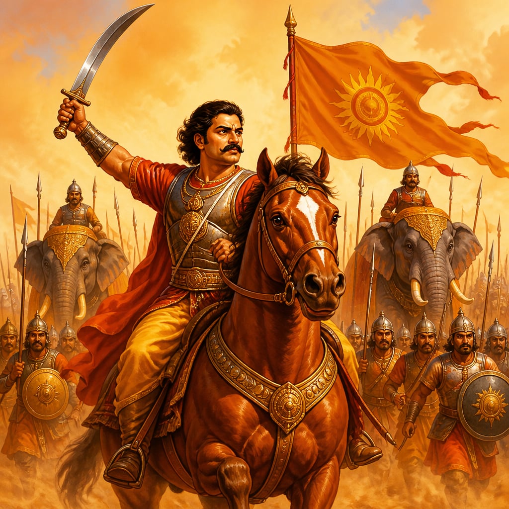 Pushyamitra Shunga leading his army on horseback into battle