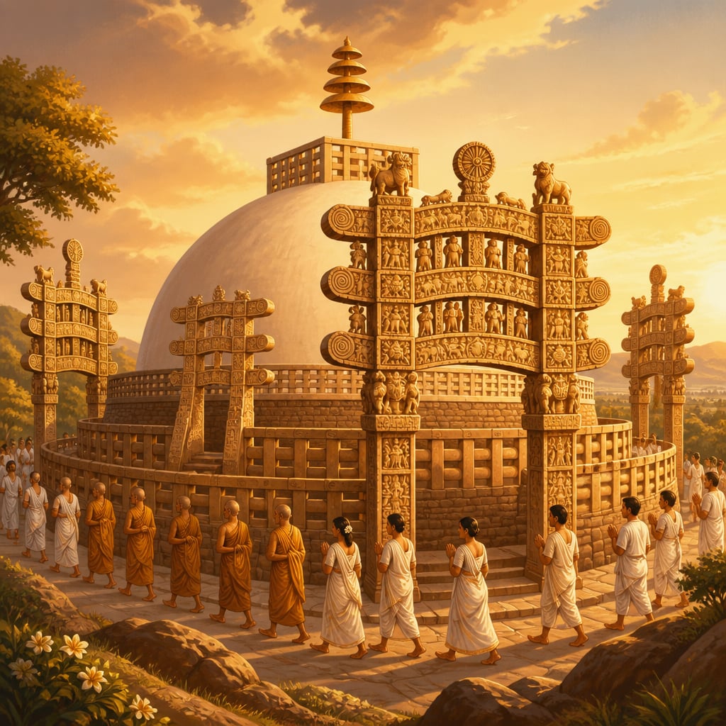 The Great Stupa of Sanchi expanded under the Shungas with carved toranas