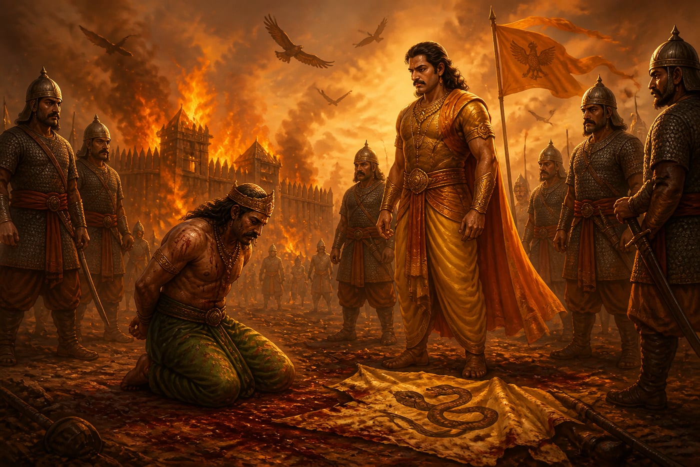 Samudragupta uprooting the Naga king Ganapati-naga in defeat