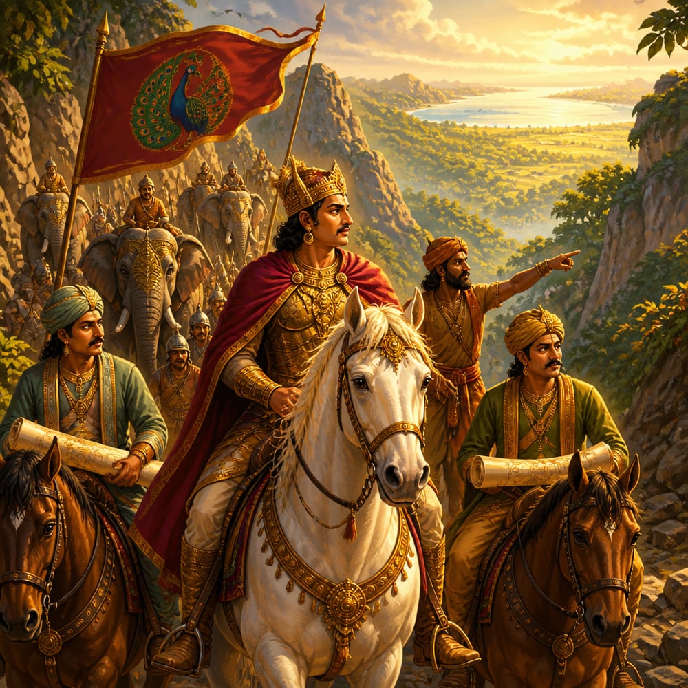 Samudragupta leading his army across a Deccan pass into Dakshinapatha
