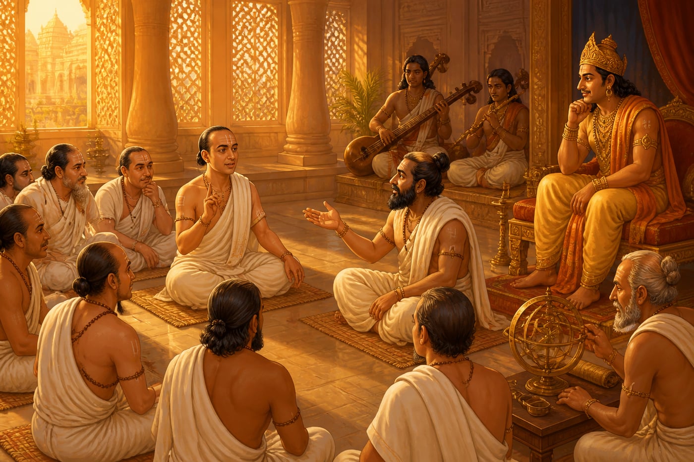A scholarly assembly at Samudragupta's court of grammarians, philosophers, and musicians