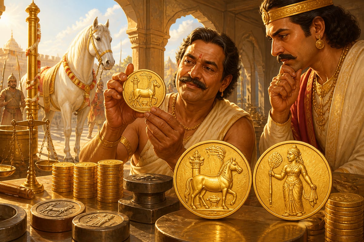 The Ashvamedha gold coin struck at the royal mint with horse and queen