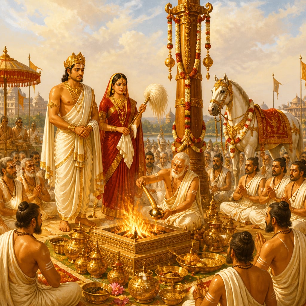 Samudragupta and Queen Dattadevi performing the Ashvamedha yajna