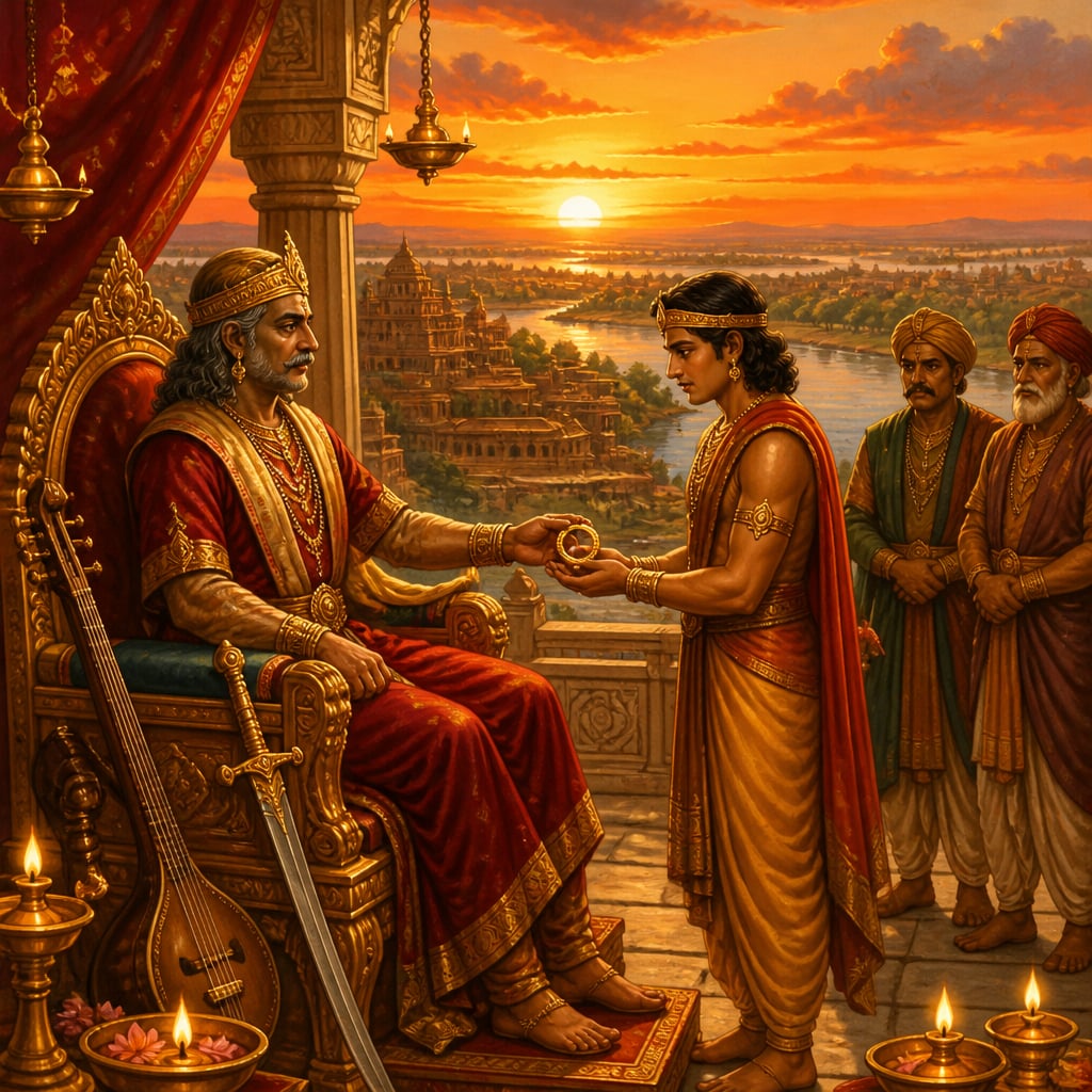 Aged Samudragupta handing succession to Chandragupta II at sunset