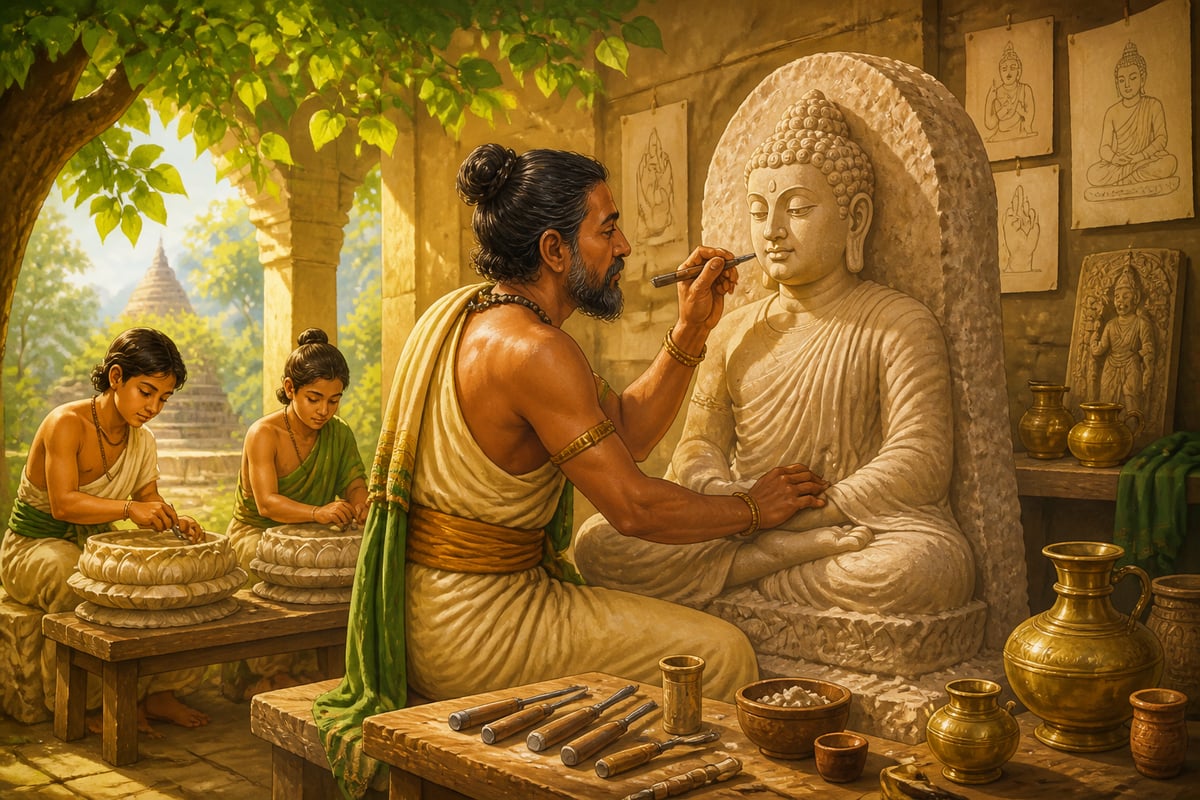 A Gupta sculptor carving the classical Sarnath Buddha image