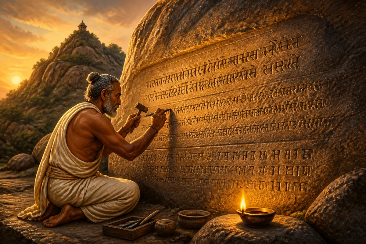 Gupta carver inscribing Skandagupta's dedication at Junagadh