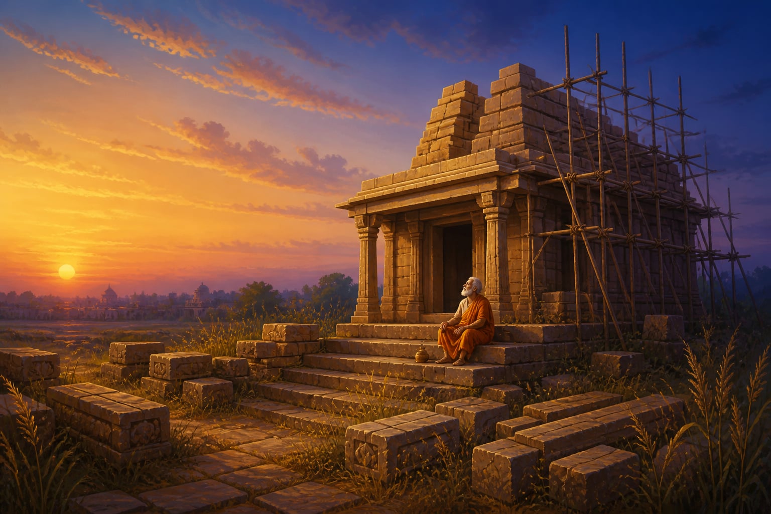 A half-built temple with abandoned scaffolding