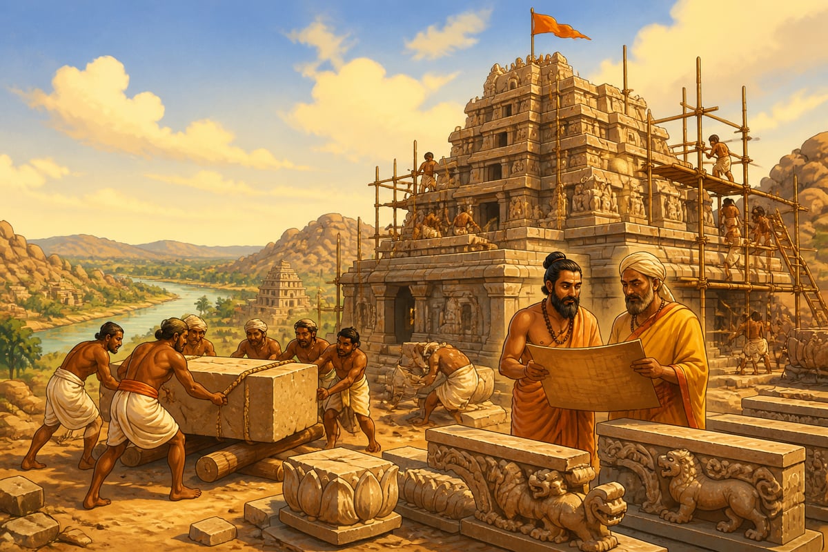 Stonemasons building the rising gopuram of a Hampi temple