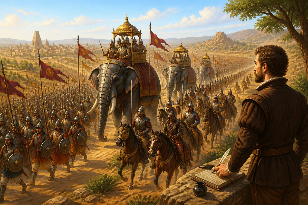 Domingo Paes observing the vast Vijayanagara army on march under a wide sky