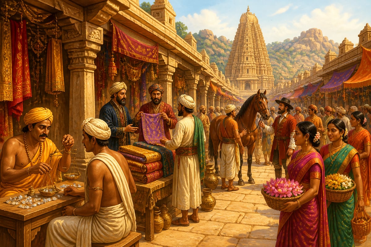 A bustling Hampi bazaar with merchants and traders from many lands