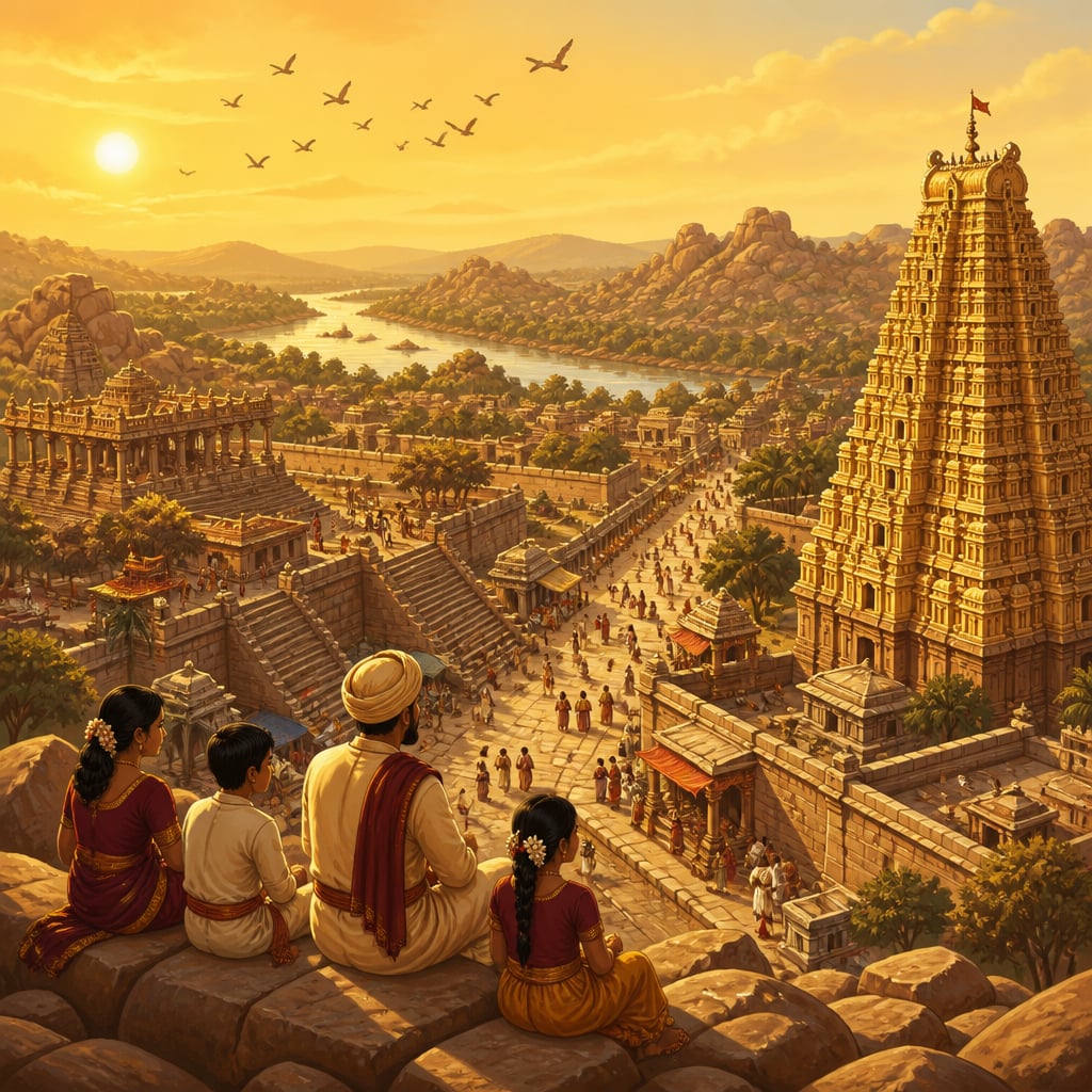 Golden hour panorama of Hampi with Virupaksha Temple rising above the Tungabhadra