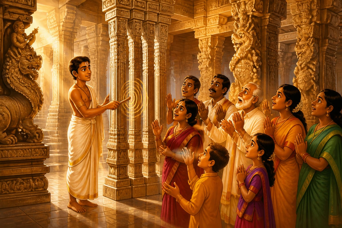 A Brahmin priest demonstrating the musical pillars of the Vittala Temple