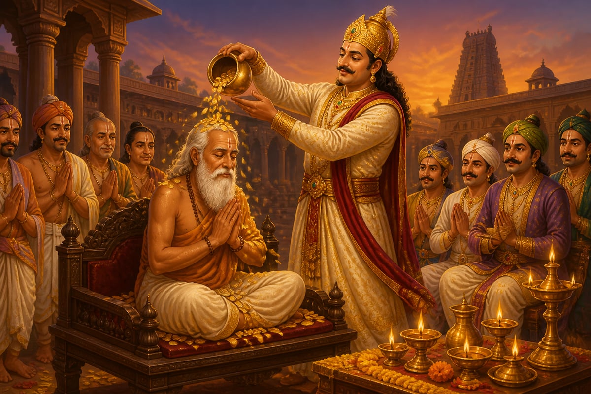 Krishnadevaraya pouring gold coins over Allasani Peddana in kanchanabhishekam