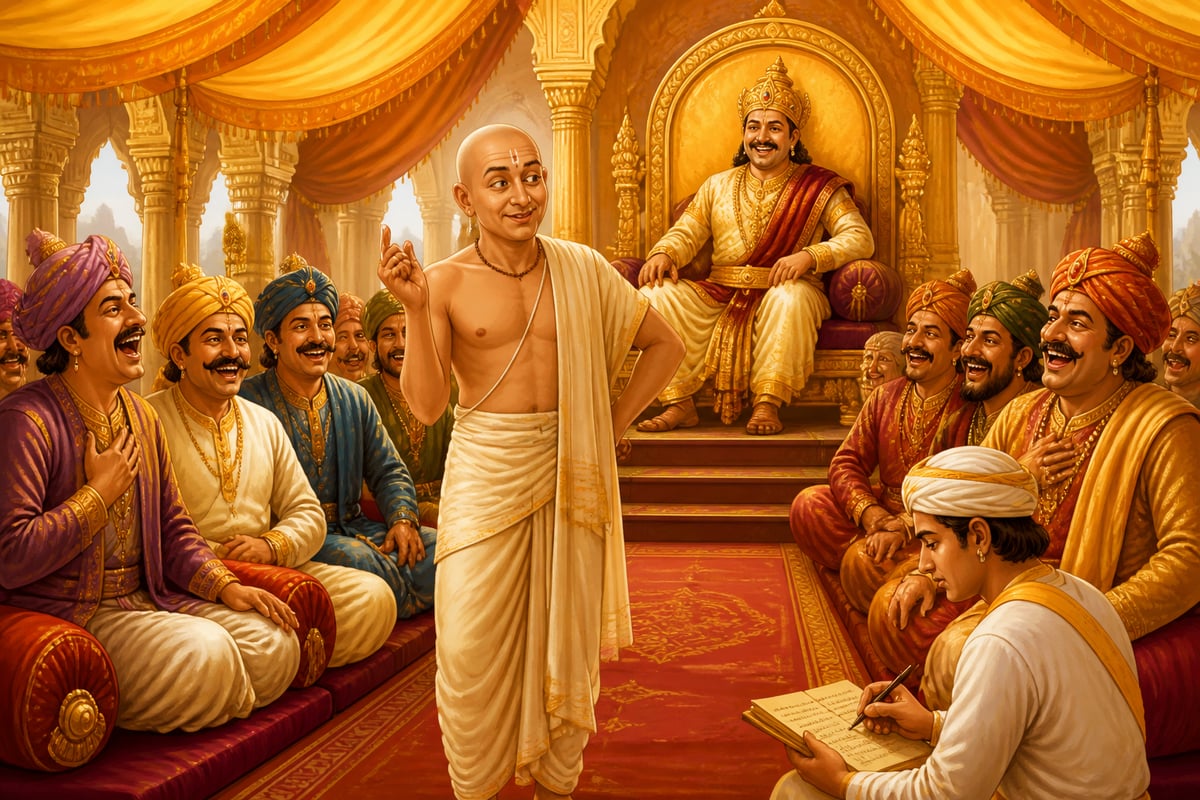 Tenali Ramakrishna telling a witty tale in Krishnadevaraya's durbar