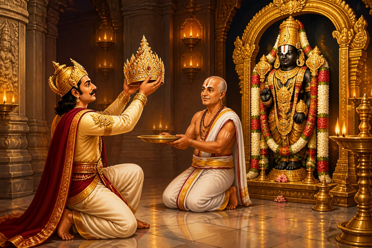 Krishnadevaraya offering a diamond-studded golden crown at Tirumala Tirupati
