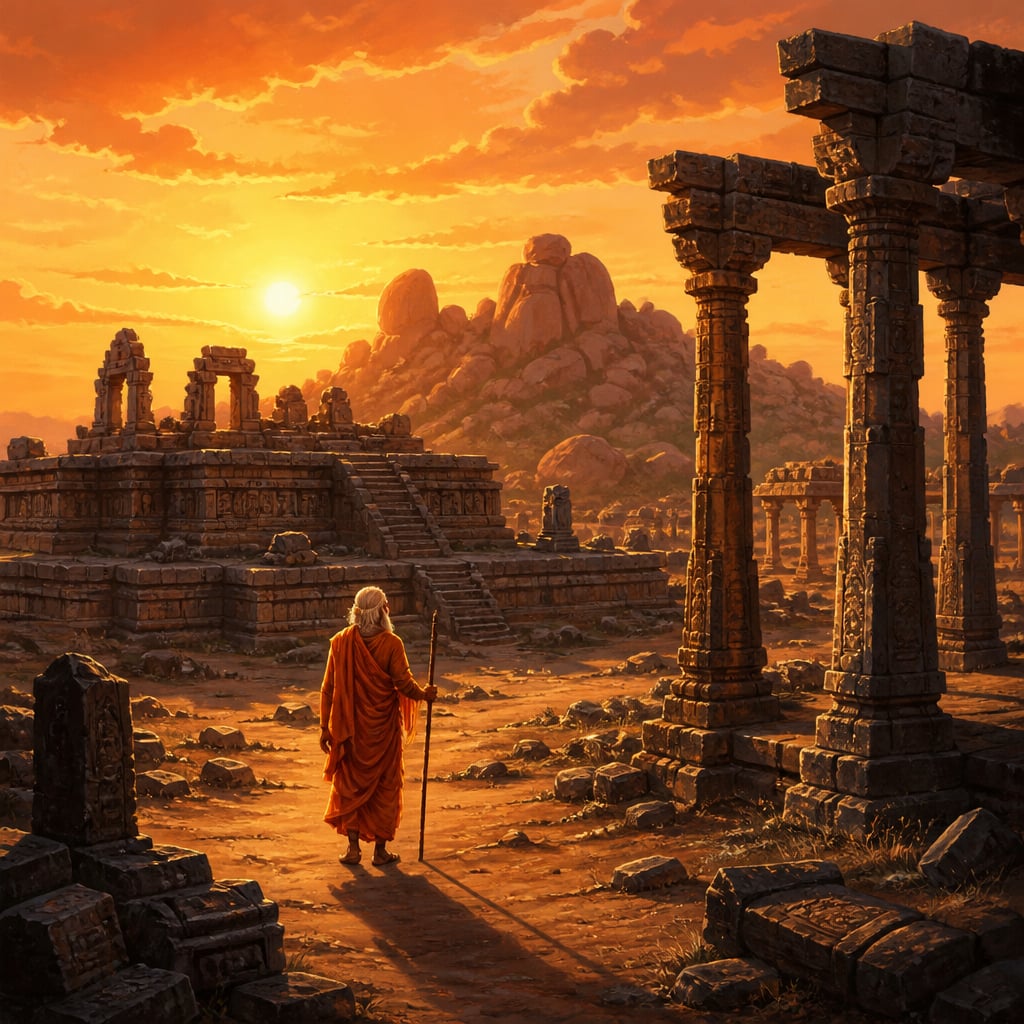 Sunset over the ruined Royal Enclosure of Hampi five centuries after the empire's fall