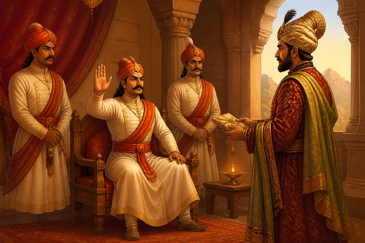 Maharana Pratap refusing Akbar's embassy at Gogunda