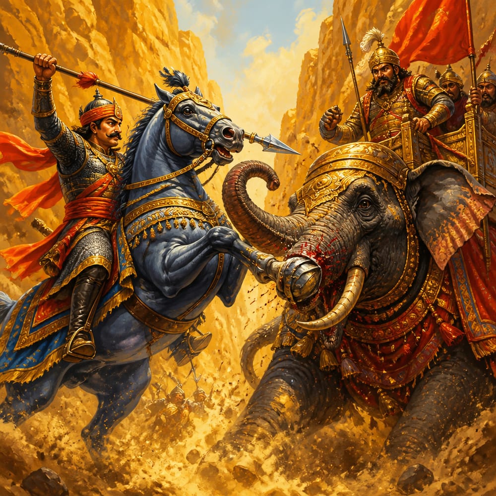 Pratap on Chetak charging Man Singh's elephant