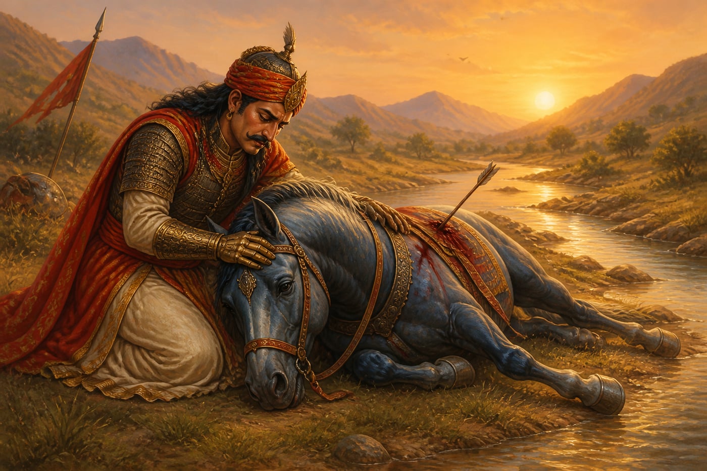 Chetak dying at the Balicha Nala stream after carrying Pratap to safety