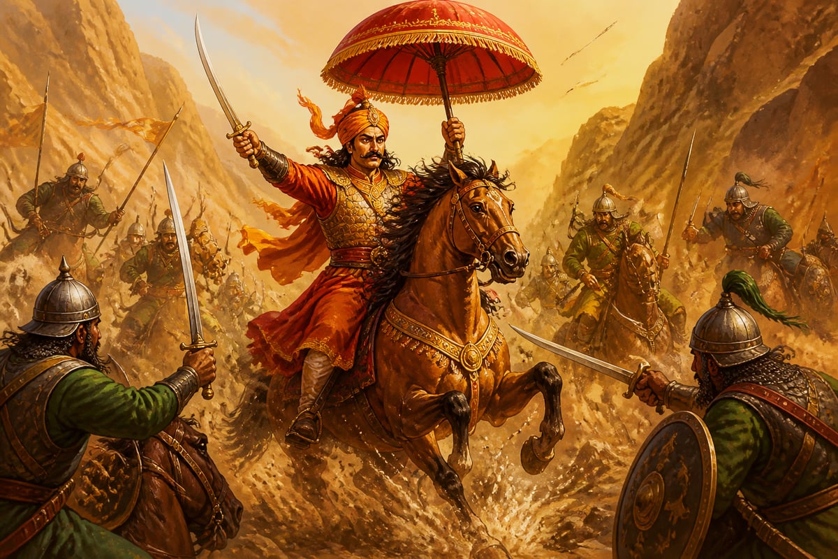 Jhala Man Singh holding the royal Mewar umbrella to draw the Mughal attack