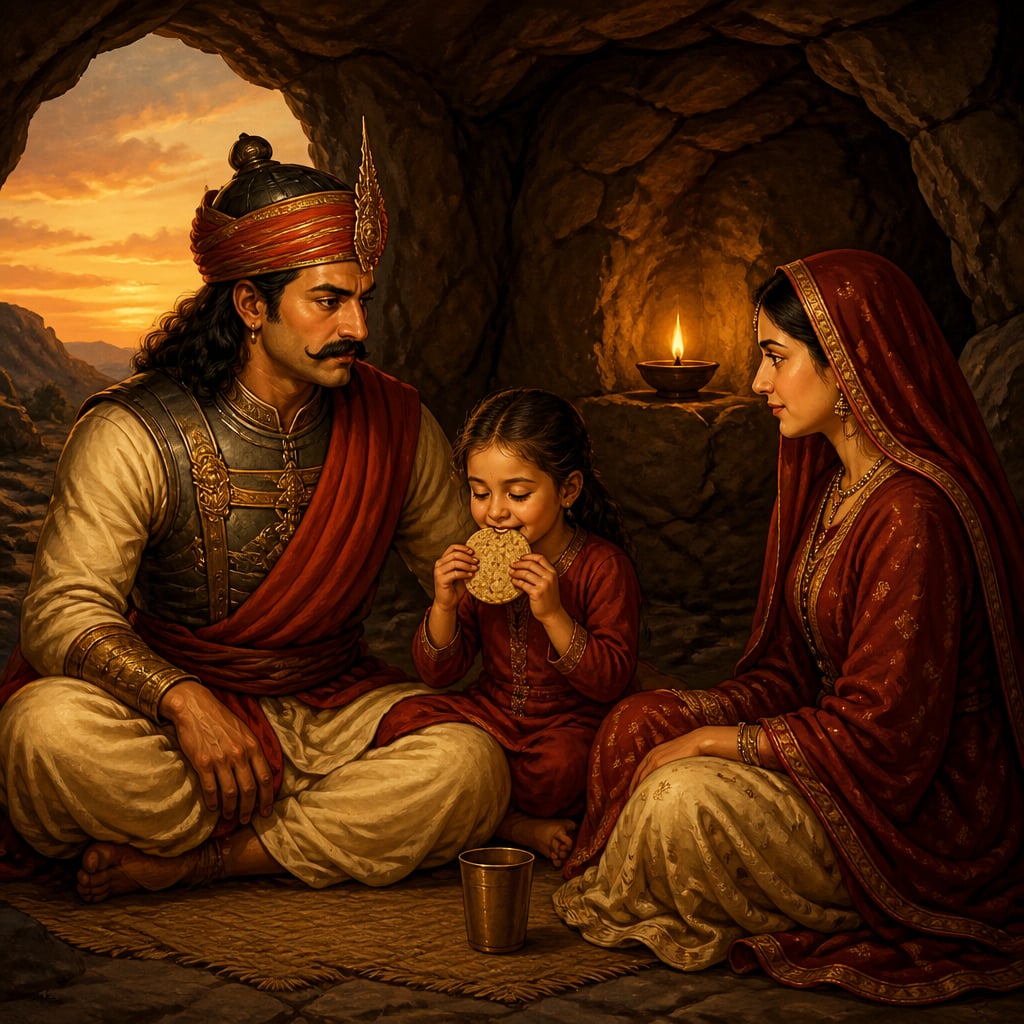 Pratap's family eating grass-seed bread in a cave