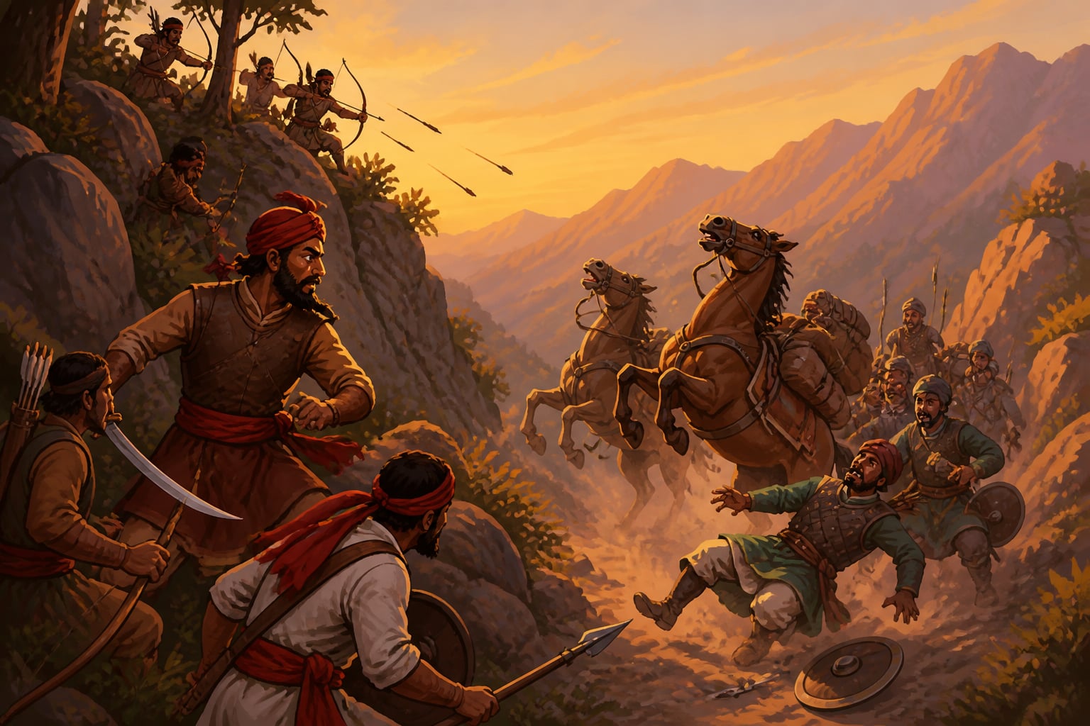 Mewar guerrilla warriors ambushing a Mughal supply column in the Aravallis