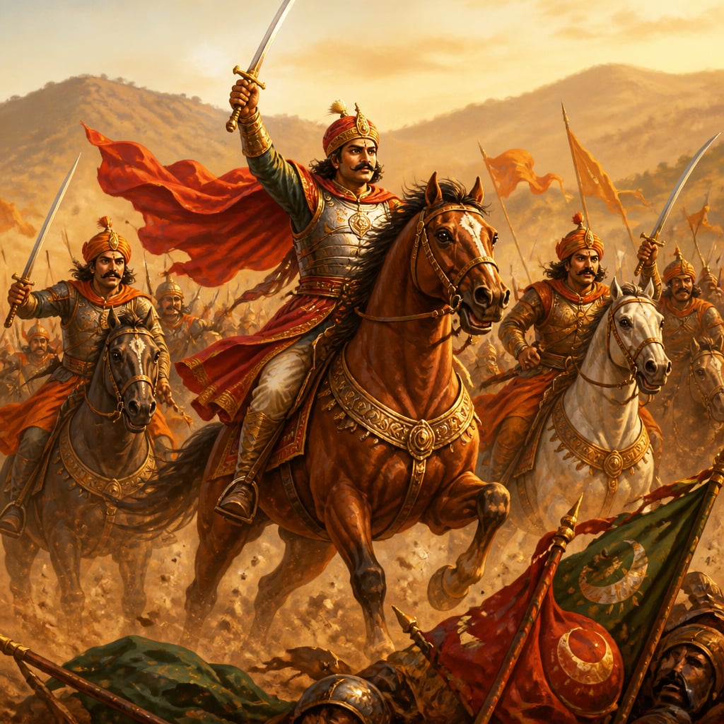 Pratap leads cavalry charge at the Battle of Dewair
