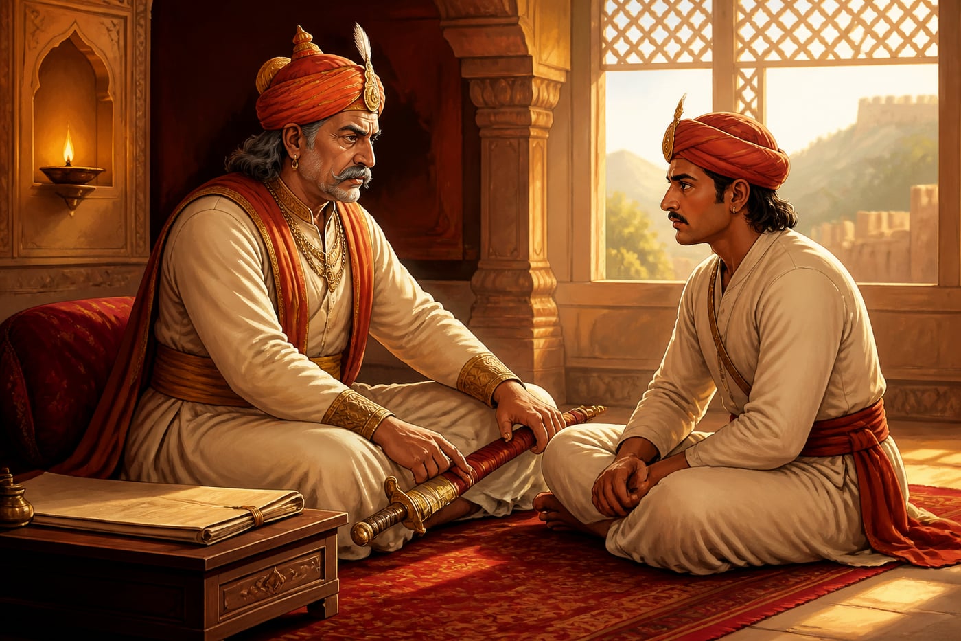 An aging Pratap counselling his son Amar Singh at Chavand