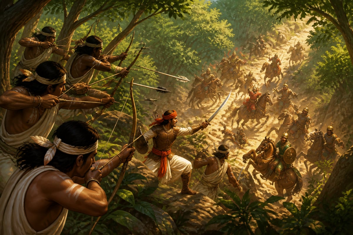 Bhil warriors fighting alongside Mewari Rajputs in the Aravallis