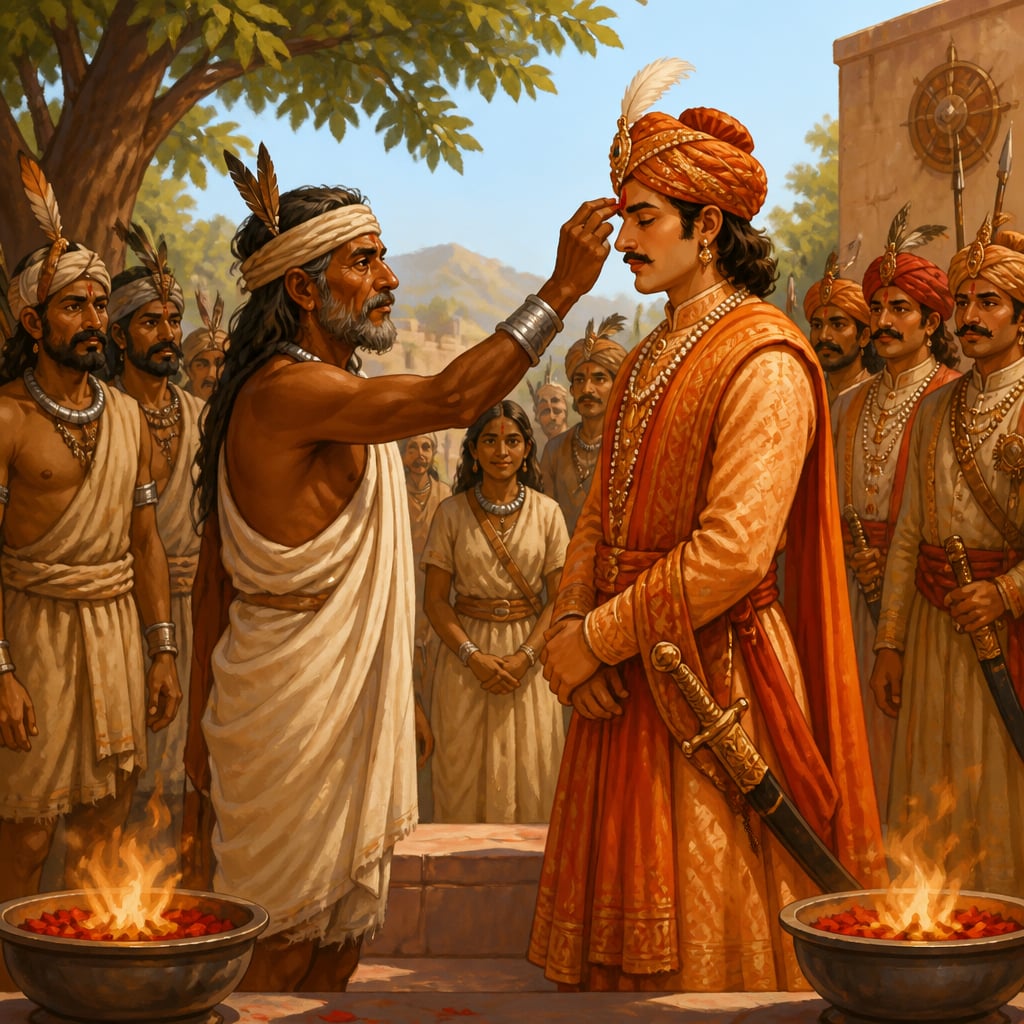 Bhil chief applying tilak at Mewar coronation