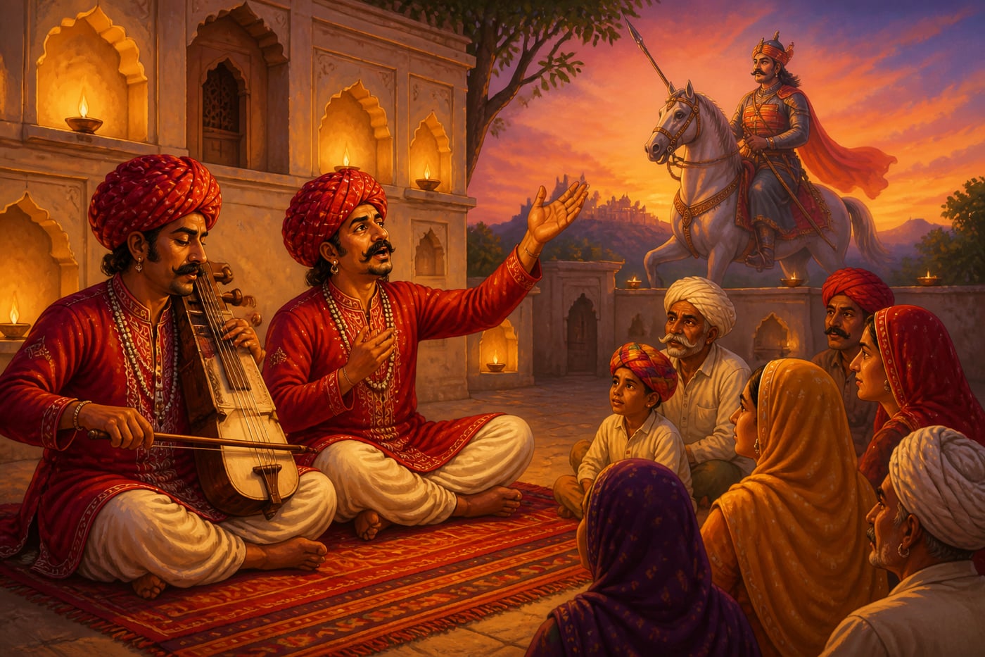 Rajasthani folk bards singing a ballad of Maharana Pratap at twilight