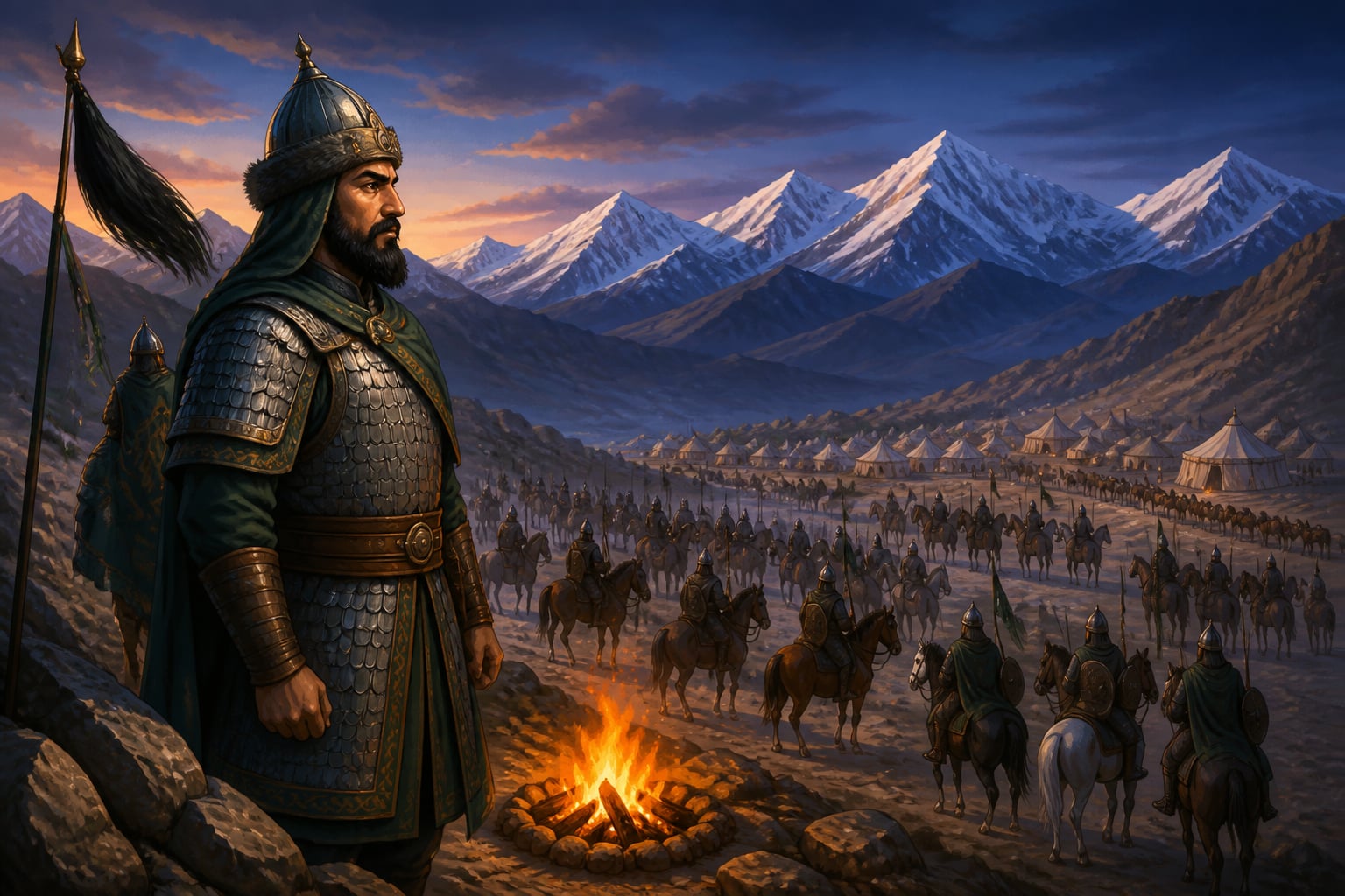 Muhammad of Ghor mustering his army at a mountain camp in Afghanistan