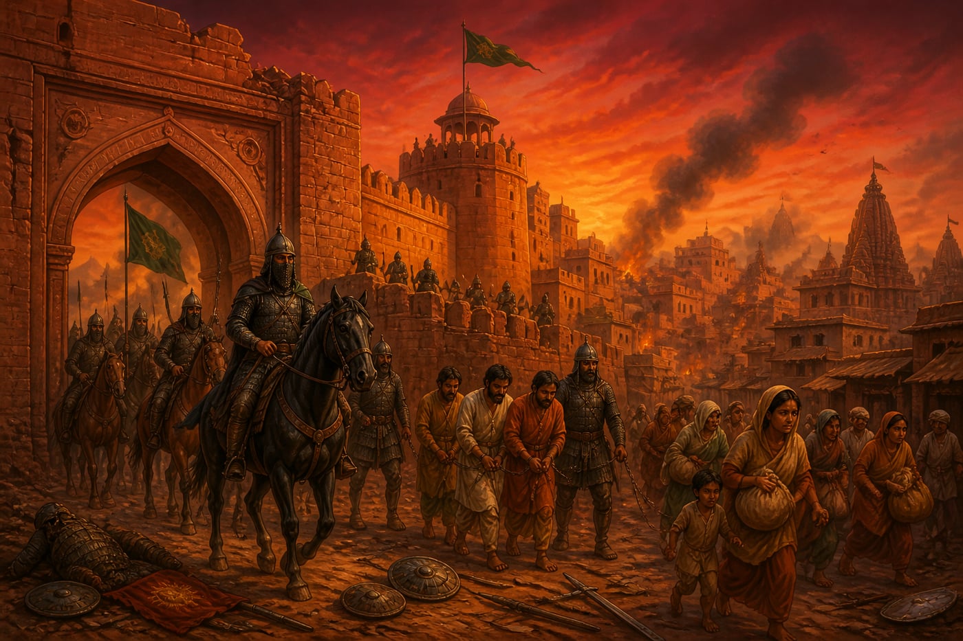Ghurid cavalry entering the broken gate of Delhi at twilight