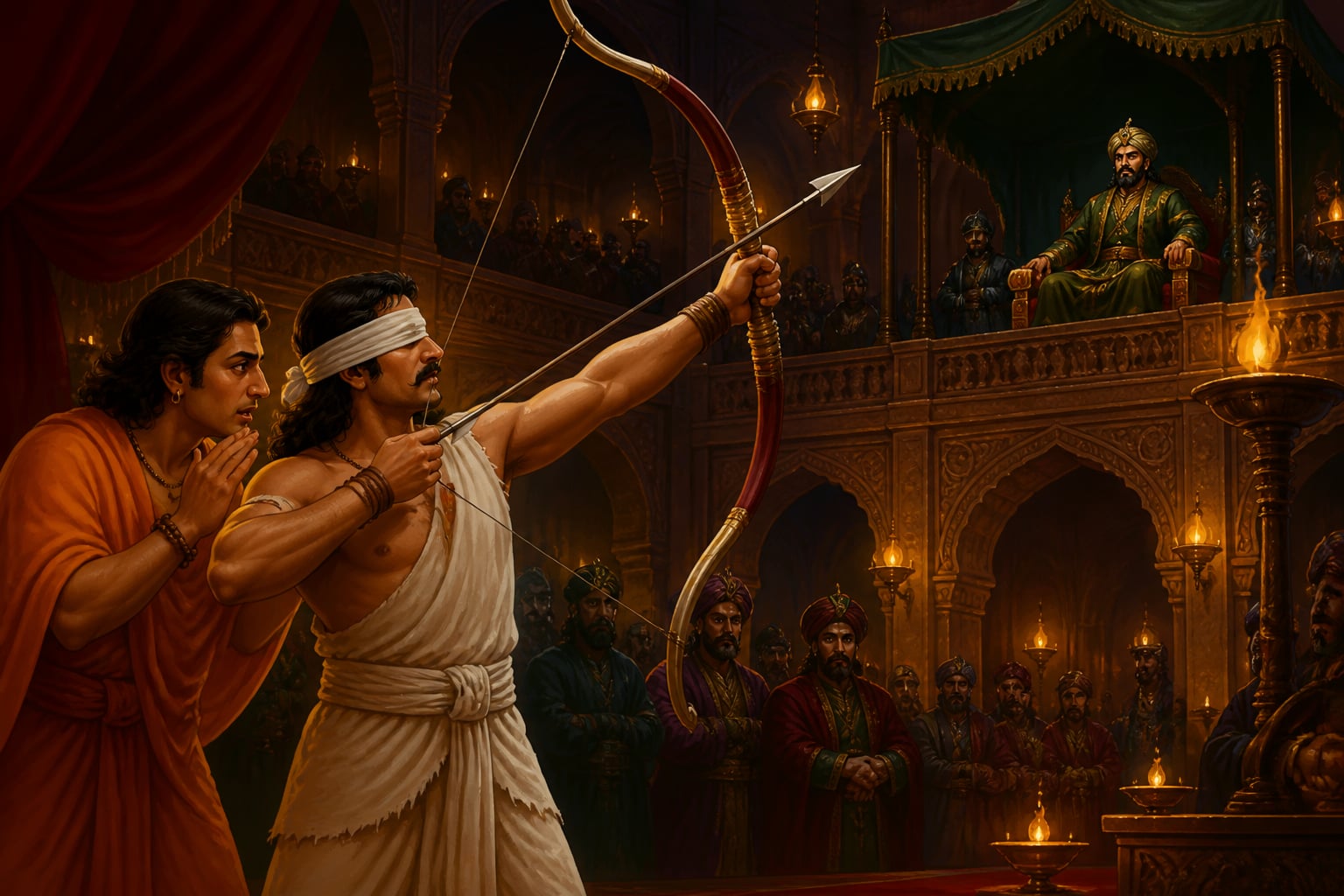 The legendary blind Prithviraj taking aim at Ghori in the Ghazni court
