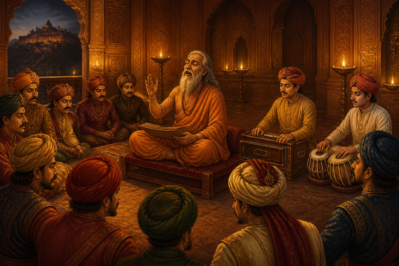 Chand Bardai reciting the Prithviraj Raso at a later Rajput court