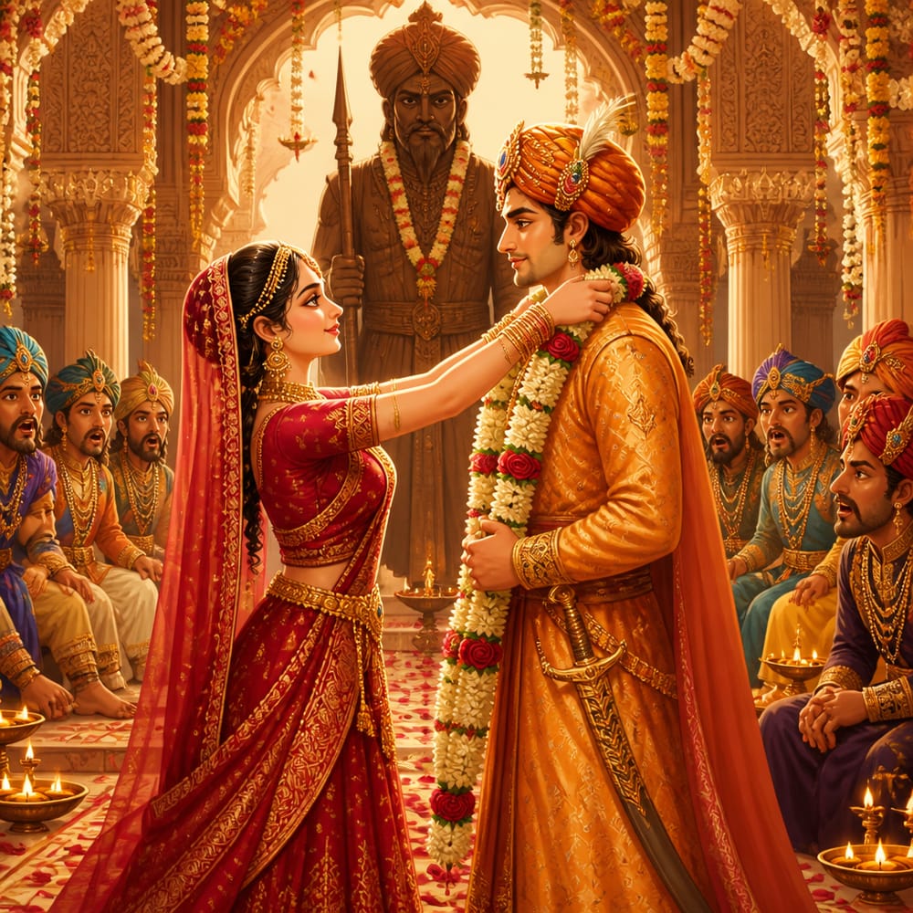 Sanyogita garlanding Prithviraj at her swayamvara