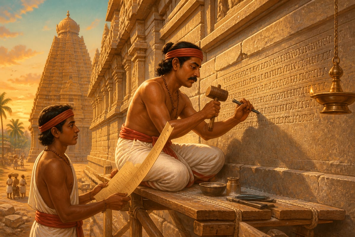 Stonemason carving Chola inscription on temple wall