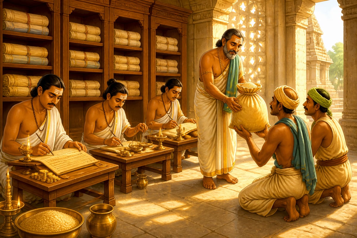 Temple treasury staff issuing grain loan to farmers