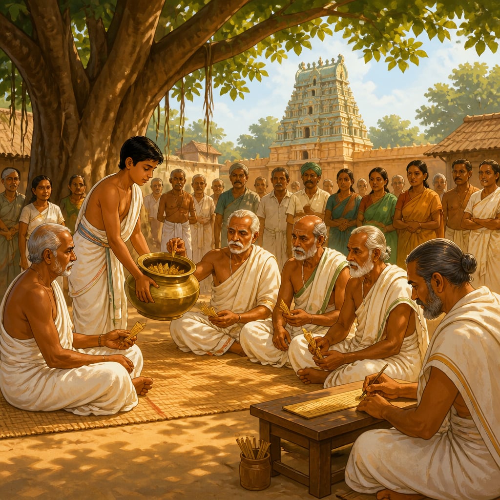 Elder village headmen at Uthiramerur drawing palm-leaf ballots from a brass pot