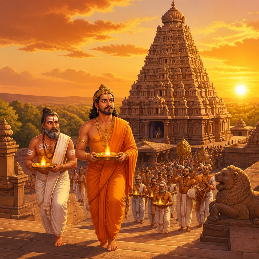 Brihadeeswarar Temple at sunrise in 1010 CE with Raja Raja Chola I leading the consecration procession