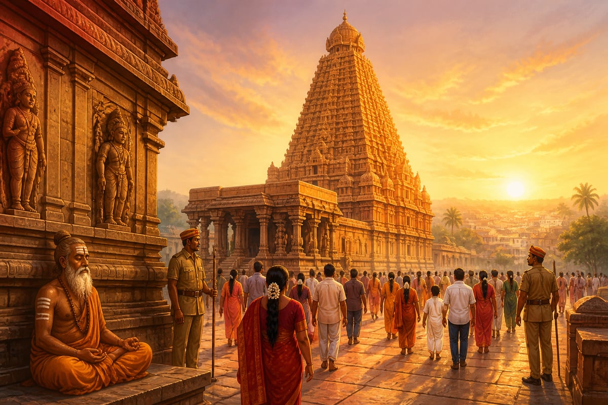 Modern Brihadeeswarar Temple with pilgrims at dawn