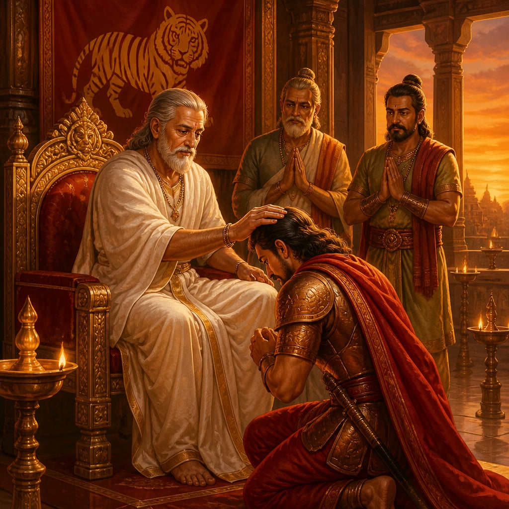 Aged Raja Raja Chola I on his throne blessing his kneeling son Prince Rajendra in the Thanjavur audience hall