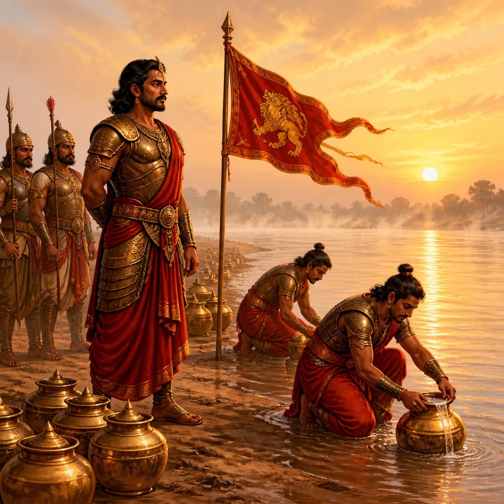 Chola officers filling pots with sacred Ganges water at sunrise