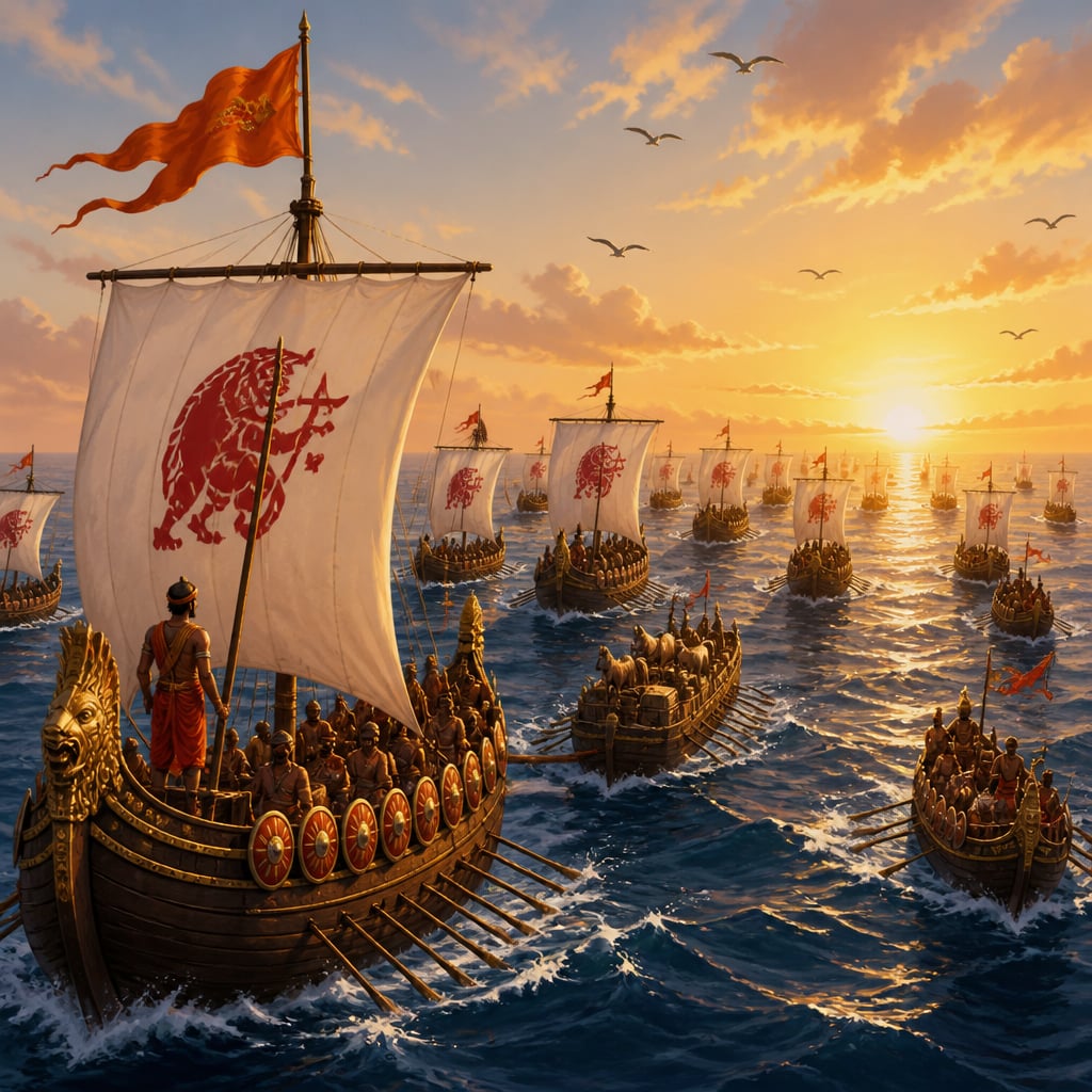 Chola war fleet crossing the open Bay of Bengal at sunrise