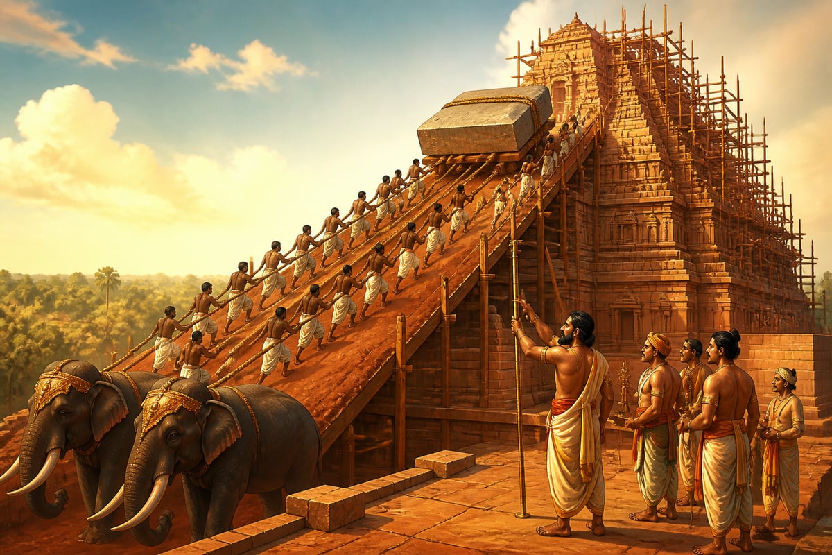 The eighty-ton capstone raised on an earthen ramp at Gangaikondacholapuram